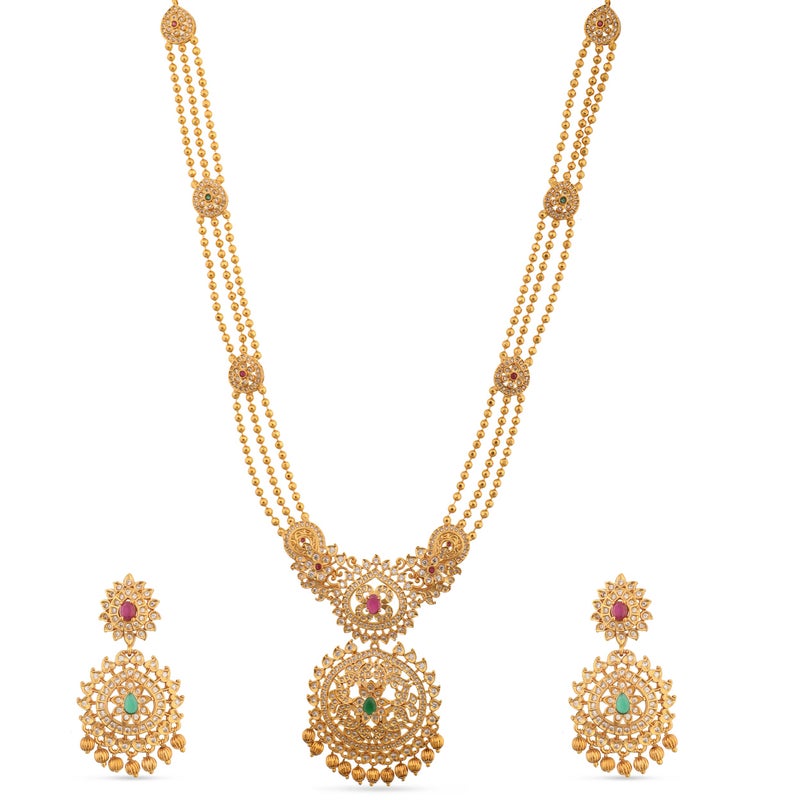 TARINIKA Antique Gold Plated Indian Long Necklace Set for Women with Jhumka, Dangle, Drop Earring Brass Traditional Wedding Desi Jewelry CZ Gemstone Bridal Necklace (Binal Antique) - Image 1